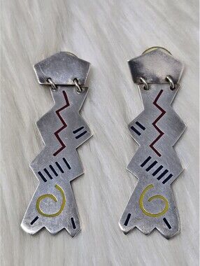 Signed Modernist Sterling Inlay Dangle Earrings 925 SiSi